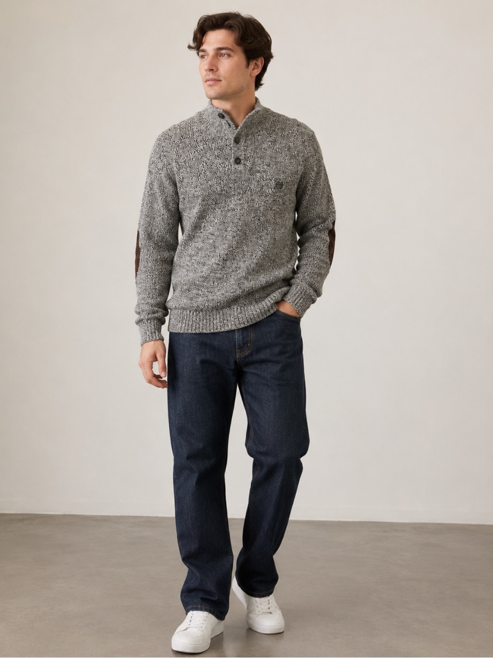 Chaps Men’s Marled Knit Henley Sweater XL Gray Brown Elbow Patch Mock Neck